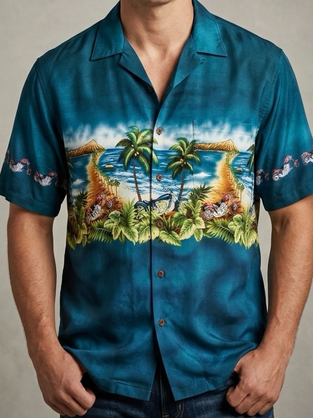 XL Vintage Hawaiian Biker Shirt w/Coconut Buttons&Diamond Head background